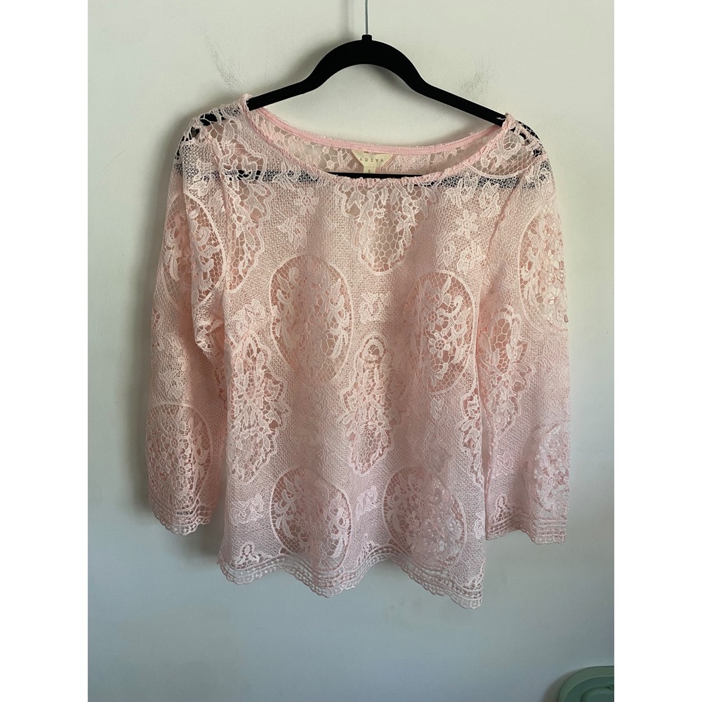 Adiva Women‎ Pink Floral Lace 3/4 Sleeve Lined Blouse Top Large